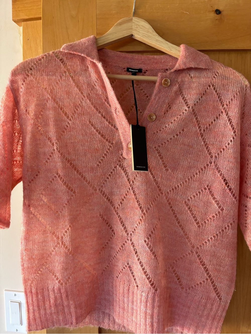 Soft Coral Openwork V-Neck Polo Sweater